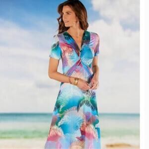 Soft Surroundings Anya Blue Tropical Palm Tree Leaves Twist Front Maxi Dress 3X